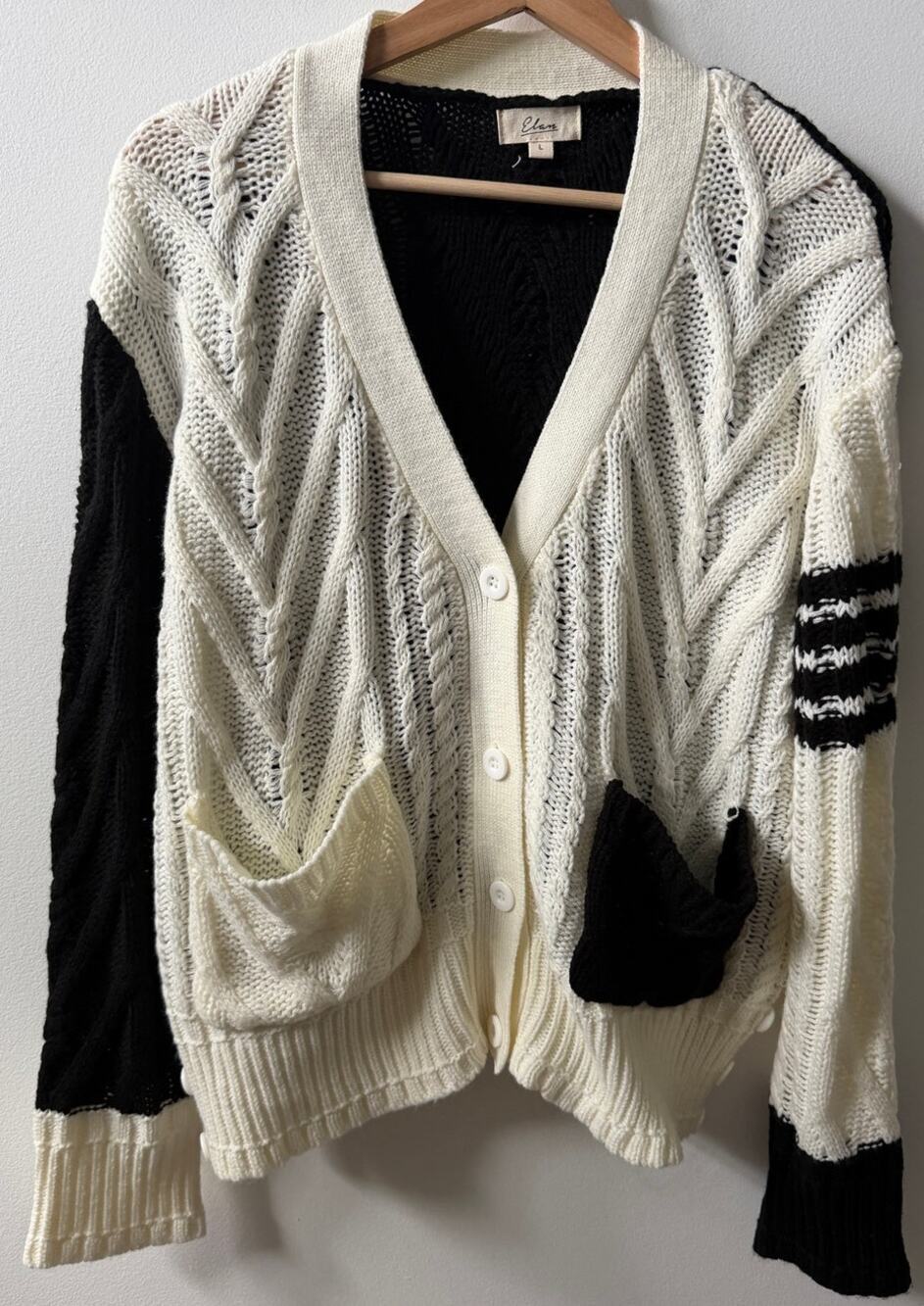 Elan open knit black & white cardigan women's size large